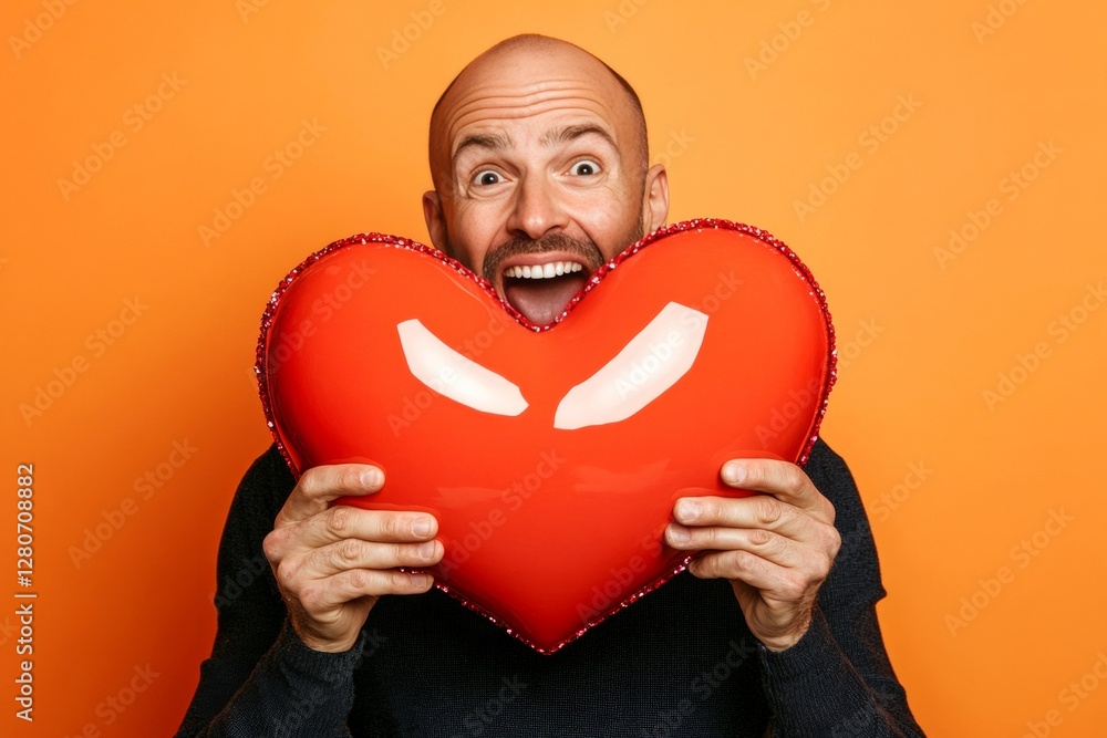 Commercial marketing concept art. Sign of love and affection. Adult valentine's day greeting card: midlife man with elated face holds red heart in hands. Valentine's day quotes. Commercial marketing concept art. Sign of love and affection. Adult valentine's day greeting card: midlife man with elated face holds red heart in hands. Valentine's day quotes.
