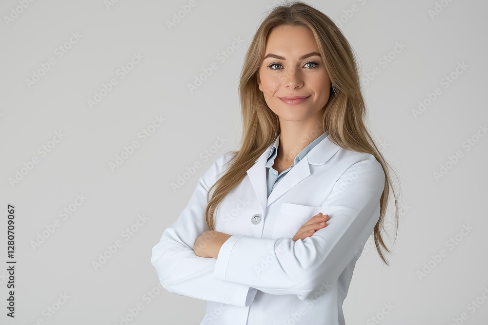 hospitable cosmetologist in a white coat on a white background hospitable cosmetologist in a white coat on a white background