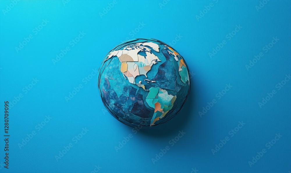 Colorful paper globe on blue background showcasing continents and oceans Colorful paper globe on blue background showcasing continents and oceans
