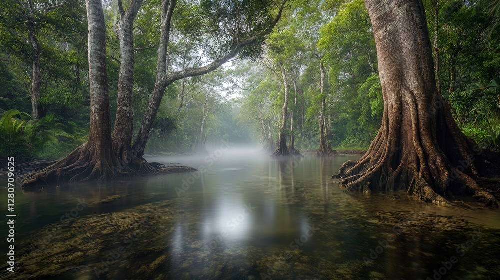 Obraz premium the lush rainforests of Daintree, Australia, with mist rolling through ancient trees