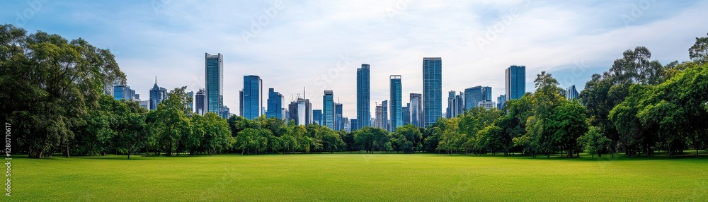 A vivid urban landscape showcasing a lush green park surrounded by towering skyscrapers and a clear blue sky. A vivid urban landscape showcasing a lush green park surrounded by towering skyscrapers and a clear blue sky.