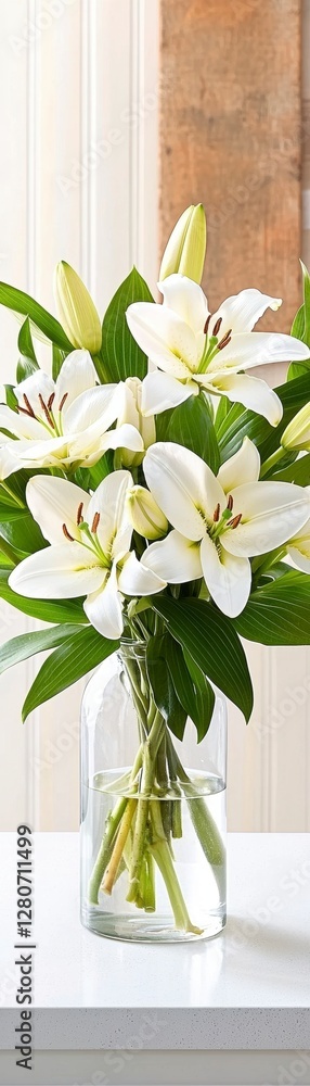 Elegant white lily flower arrangement in glass vase indoor setting floral composition bright atmosphere close-up view Elegant white lily flower arrangement in glass vase indoor setting floral composition bright atmosphere close-up view