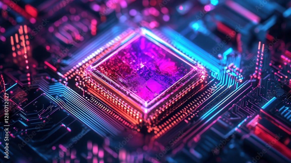 Obraz premium microchip, using light-based computing to process data at quantum speeds, revolutionizing artificial intelligence and deep learning models.