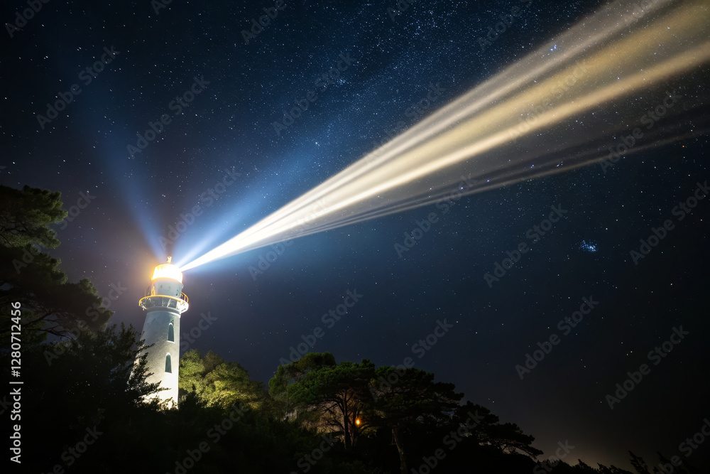 Obraz premium Bright lighthouse beams cutting through night sky, illuminating stars