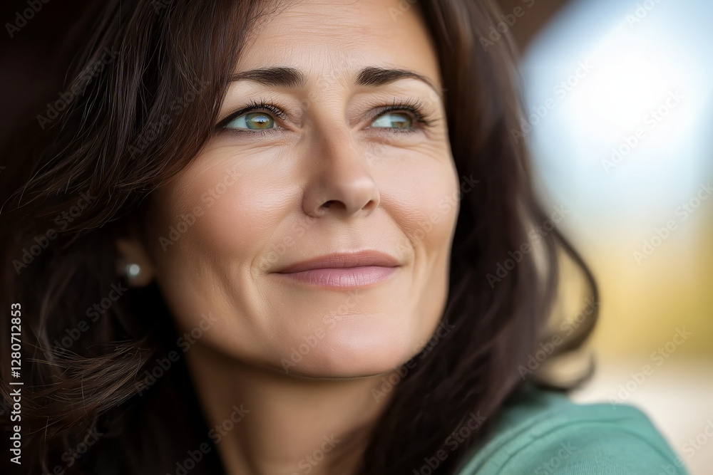 Thoughtful Mature Woman Smiling Confidently with Natural Backgrounds Reflecting Positive Lifestyle and Tranquil Mindset Concept Thoughtful Mature Woman Smiling Confidently with Natural Backgrounds Reflecting Positive Lifestyle and Tranquil Mindset Concept