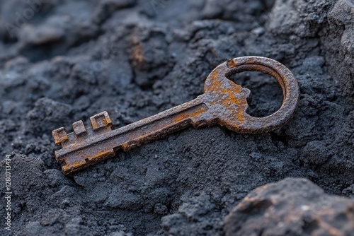 A rusty key sitting atop a mound of earth, potentially indicating a hidden or buried treasure photo