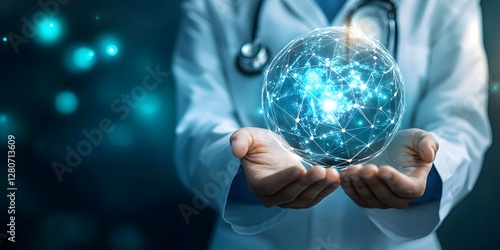 Doctor holding crystal ball with network of stars symbolizing medical technology and health
