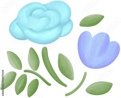 Illustration of a small blue rose blooming.
