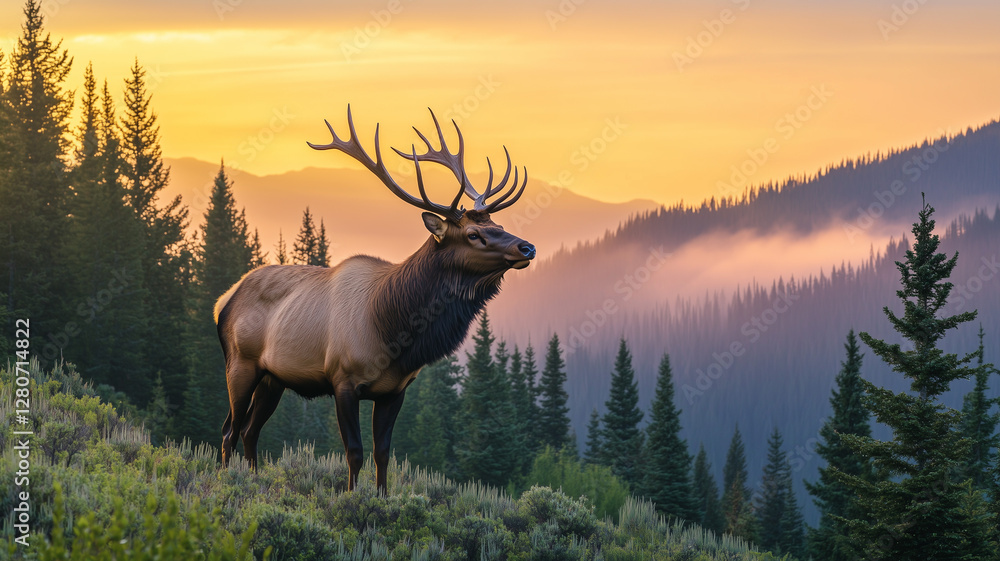 Fototapeta premium A majestic elk standing majestically in the misty mountains of British Columbia, Canada, with lush green forests and vibrant sunset colors. Ai generated