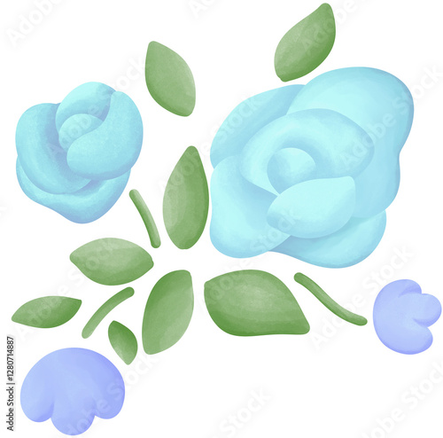 Illustration of a small blue rose blooming.
