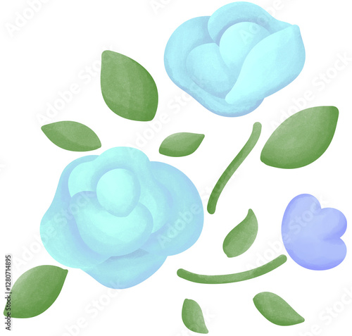 Illustration of a small blue rose blooming.