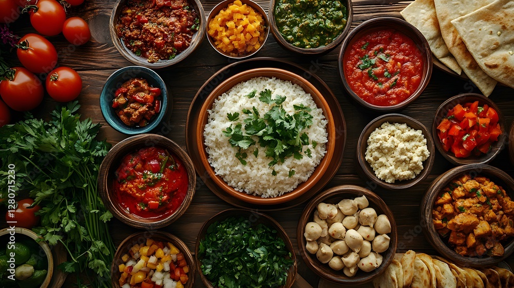 Table with bowls of ethnic food and fresh vegetables arranged for a meal or gathering Table with bowls of ethnic food and fresh vegetables arranged for a meal or gathering