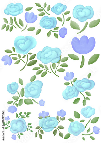 set Illustration of a small blue rose blooming.
