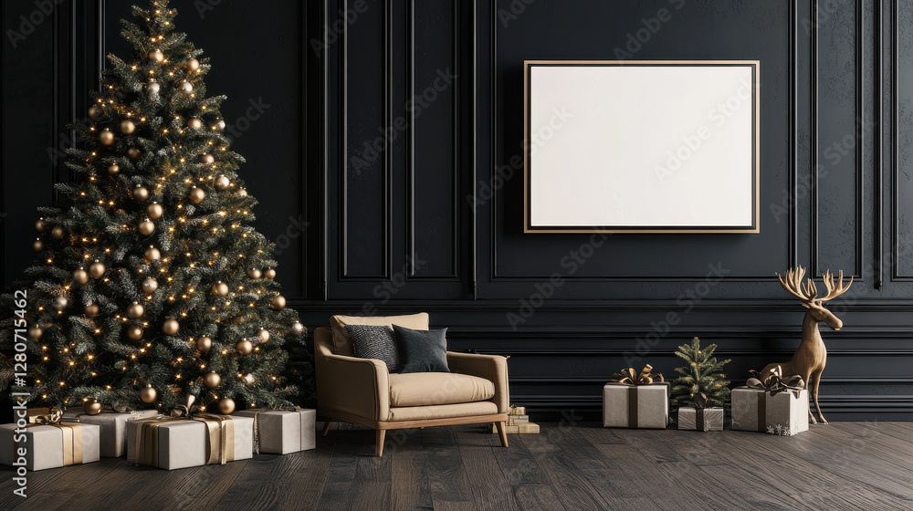 Festive Season: An inviting interior, adorned with a majestic Christmas tree and a collection of wrapped gifts, sets the scene for a cozy holiday celebration. Festive Season: An inviting interior, adorned with a majestic Christmas tree and a collection of wrapped gifts, sets the scene for a cozy holiday celebration.