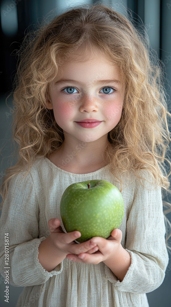 Young girl with curly hair holding a green apple indoors in natural light Young girl with curly hair holding a green apple indoors in natural light