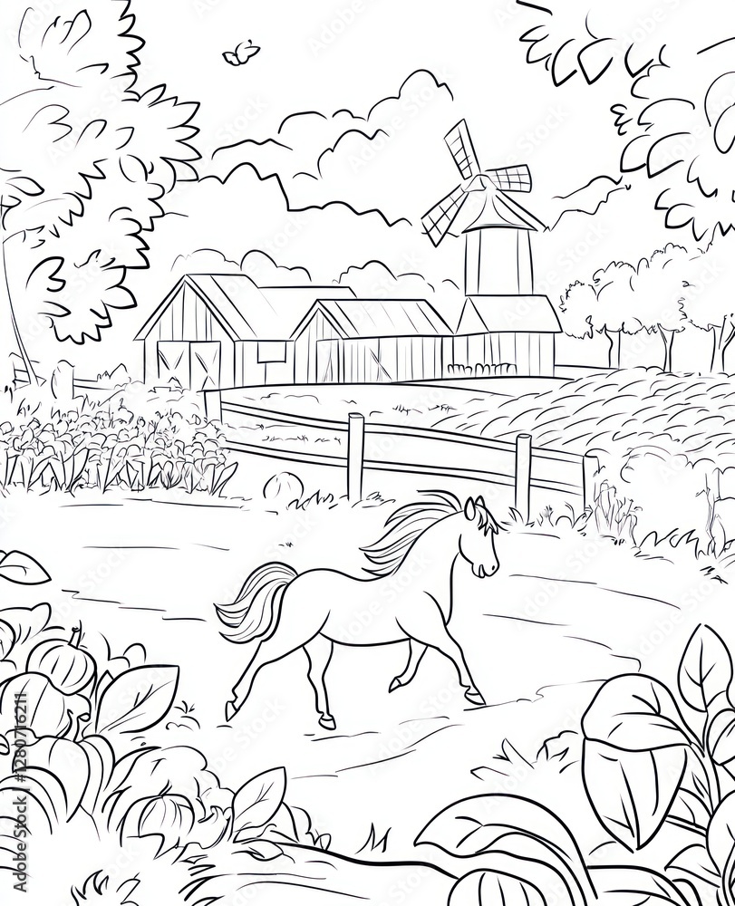 Peaceful countryside scene with a horse trotting on a path near a farm and windmill. Peaceful countryside scene with a horse trotting on a path near a farm and windmill.