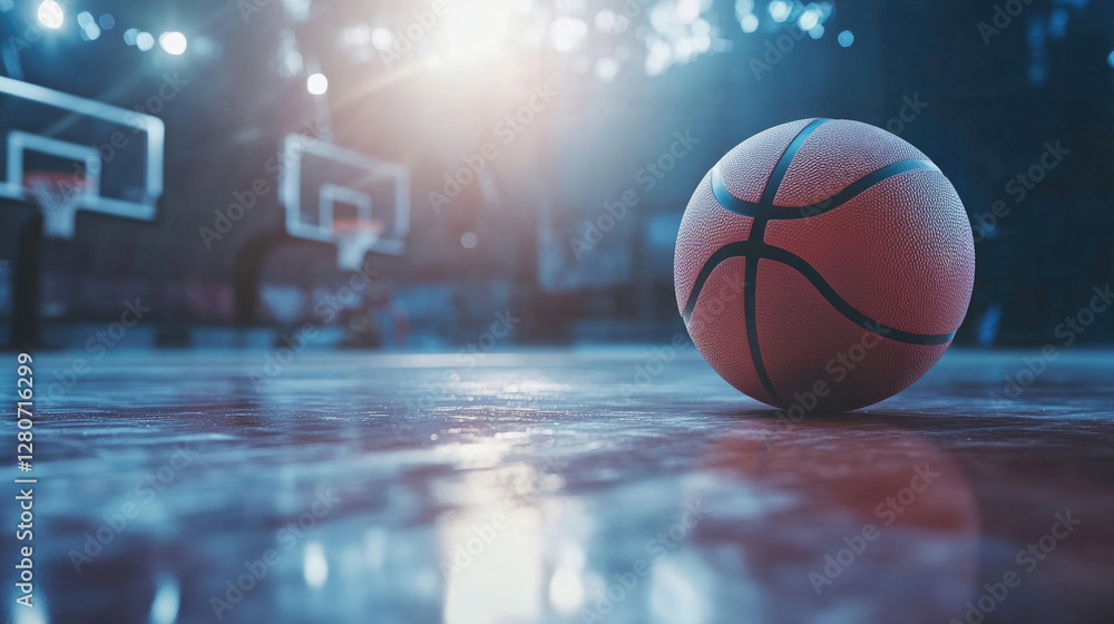 Basketball rests on court’s surface as light illuminates the empty gymnasium during evening practice time Basketball rests on court’s surface as light illuminates the empty gymnasium during evening practice time