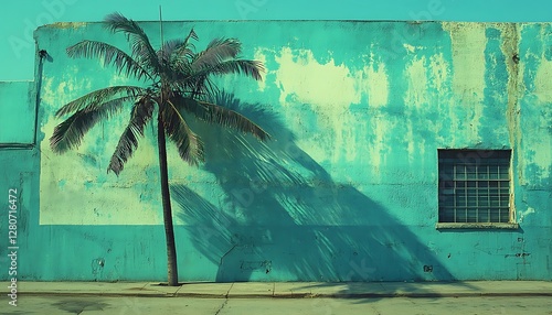 Tropical Palm Shadow on Teal Wall