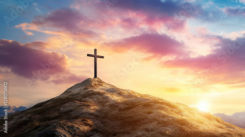 Sacred Horizon: A simple wooden cross stands atop a rugged hill, silhouetted against a dramatic sky of swirling clouds, with the sun rising or setting in the background.