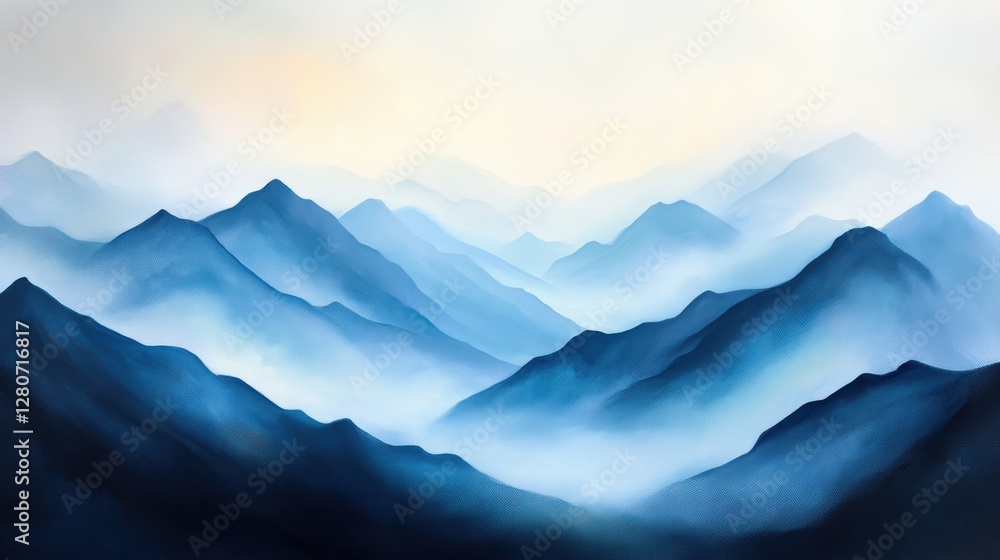 Obraz premium Mountain Serenity: A mesmerizing vista unfolds, showcasing layers of majestic blue mountains shrouded in ethereal mist, creating a tranquil and awe-inspiring landscape. 