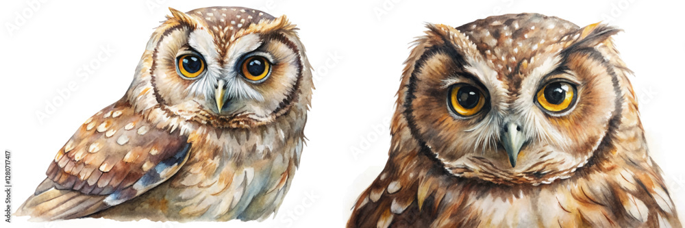 Fototapeta premium Detailed watercolor owl portrait, vibrant colors, wildlife art, nature illustration, artistic style, animal depiction.