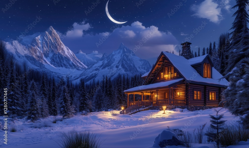 Cozy winter cabin in snowy mountains under crescent moonlight Cozy winter cabin in snowy mountains under crescent moonlight