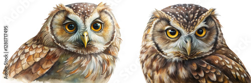 Detailed watercolor illustration, realistic owl portraits, vibrant colors, nature art, wildlife decor, animal lovers.