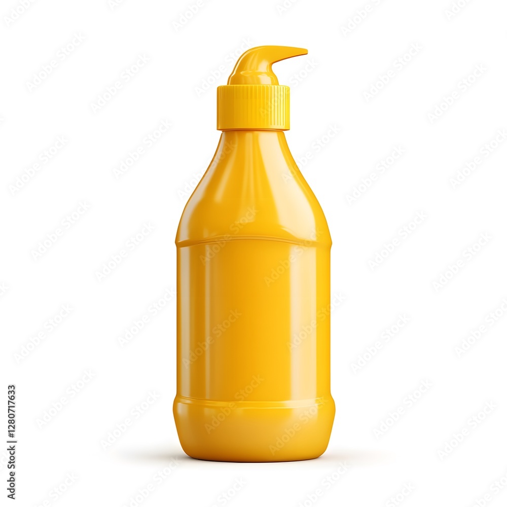 Yellow plastic squeeze bottle with cap for dispensing liquids in a realistic style Yellow plastic squeeze bottle with cap for dispensing liquids in a realistic style
