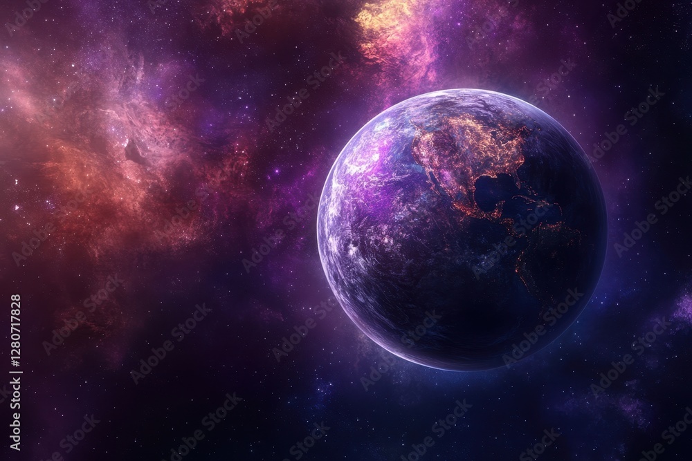 Vibrant cosmic view of Earth surrounded by colorful galactic clouds in deep space Vibrant cosmic view of Earth surrounded by colorful galactic clouds in deep space