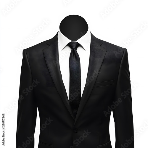 Hyper-realistic image of a headless mannequin dressed in a black suit white shirt and tie