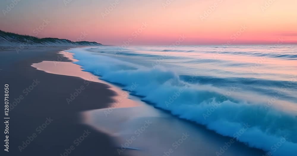 Static shot, beach at sunset. Waves gently roll onto the shore. Soft pastel colors. Static shot, beach at sunset. Waves gently roll onto the shore. Soft pastel colors.