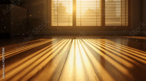 A room with a wooden floor, illuminated by a window with blinds that allow a soft, diffused light to permeate the space. The room's ambiance is serene, with the light filtering through the blinds crea photo