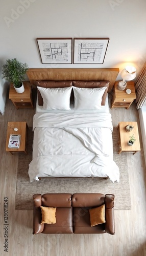A bird's eye view of a bedroom with a bed, nightstand, and couch.