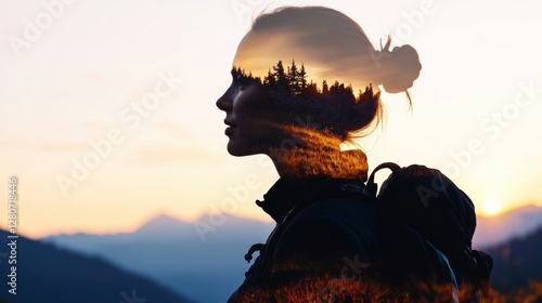 Silhouette of woman with nature landscape at sunset.