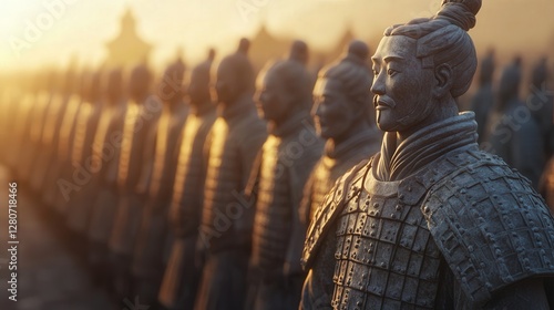 detailed image of the Terracotta Army in Xian, China, standing in ancient formation