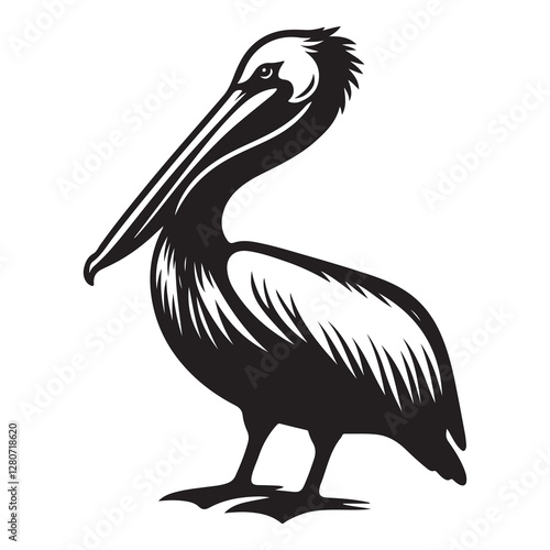 Pelican bird Silhouette Vector Illustration, Solid White Background.