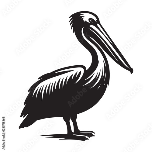 Pelican bird Silhouette Vector Illustration, Solid White Background.