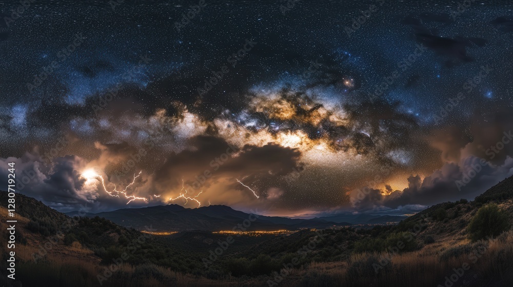 Fototapeta premium night sky photograph, featuring lightning illuminating storm clouds under a starry sky.