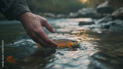 A-close-up-shot-of-a-hand-holding-and-releasing-an-orange-brown-trout-into-the-water,-set-against-a-backdrop-of-natural-river-scenery.-The-focus-is-on-capturing-intricate-details-in-both-the- Ai ge