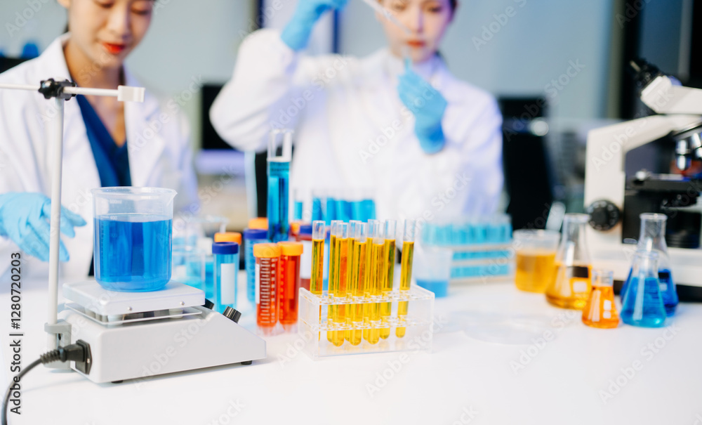 Fototapeta premium Young scientists conducting research investigations in a medical laboratory, a researcher