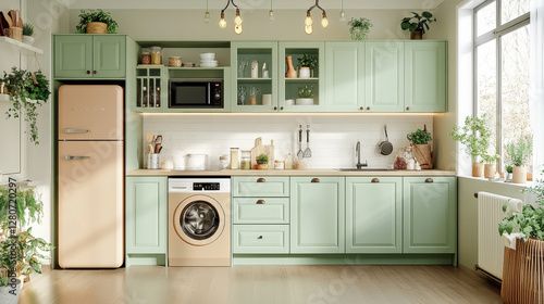 Serene Kitchen Interior: A bright and airy kitchen with light green cabinets and appliances and fresh plants, creates a sense of modern comfort. 