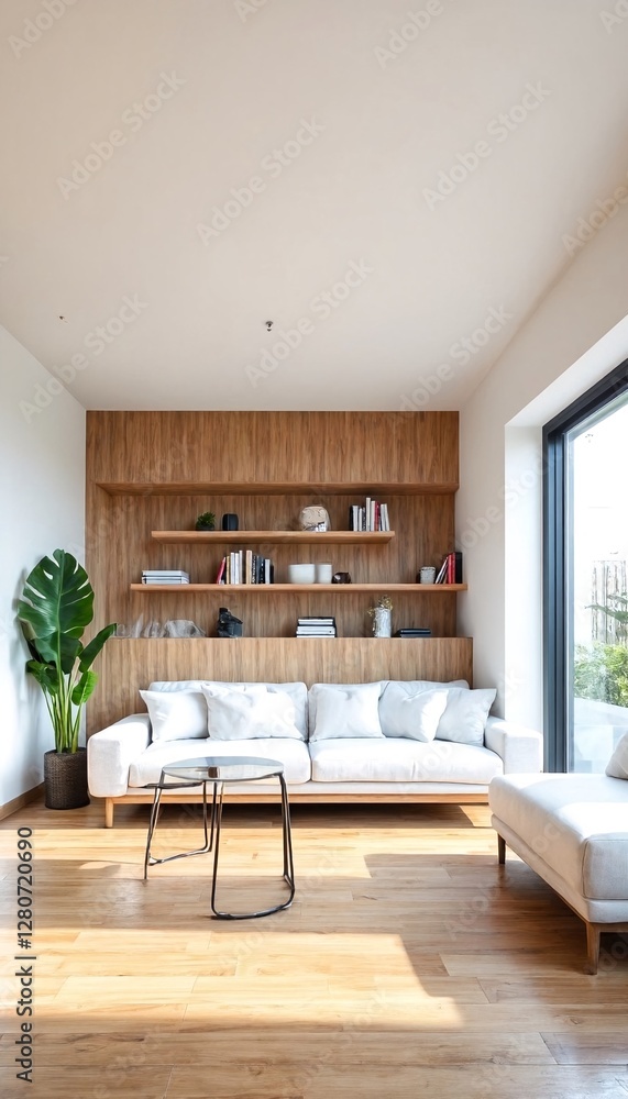 Fototapeta premium A modern living room with white couch and wooden shelves.