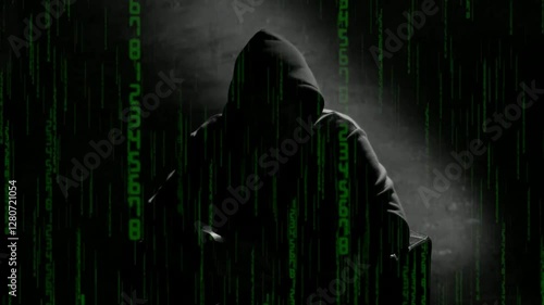 Anonymous computer hacker in a hood interview vintage VHS tape style video footage, mysterious man sitting on a chair and talking. Incognito hacker interview with no visible face footage