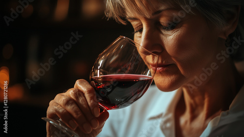 Close-up of a middle-aged woman in a white shirt drinking wine from a glass, focusing on her face and the red liquid inside the glass against a dark background. Ai generated