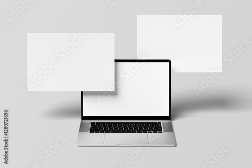 Laptop computer mockup with blank wireframing pages. 3D rendering.