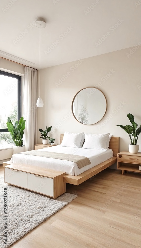 Fototapeta premium Minimalist bedroom with plants and a rug.