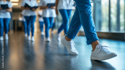 Close-up of the legs and feet of a young male nurse wearing blue scrubs, walking down a hospital hallway with other nurses in the background holding medical clipboards. Ai generated