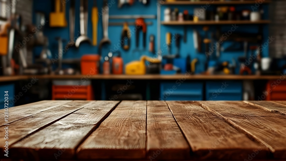 A wooden workbench in a workshop with various tools and equipment organized on the walls in the background. Concept Wooden Workbench, Organized Tools, Workshop Setup, DIY Equipment, Crafting Space A wooden workbench in a workshop with various tools and equipment organized on the walls in the background. Concept Wooden Workbench, Organized Tools, Workshop Setup, DIY Equipment, Crafting Space