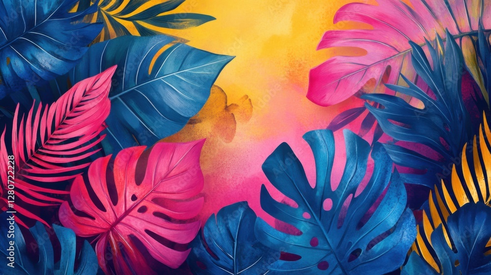 An abstract illustration with colorful jungle leaves, evoking the energy and vibrancy of summer An abstract illustration with colorful jungle leaves, evoking the energy and vibrancy of summer