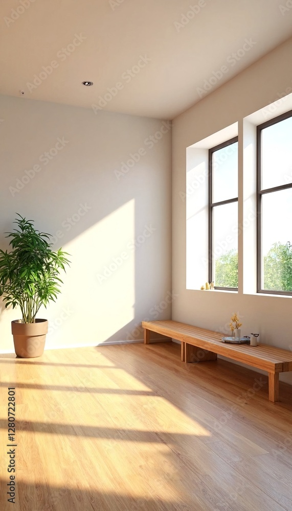 Fototapeta premium A bright and airy room with a large window, wooden floor, and plants.